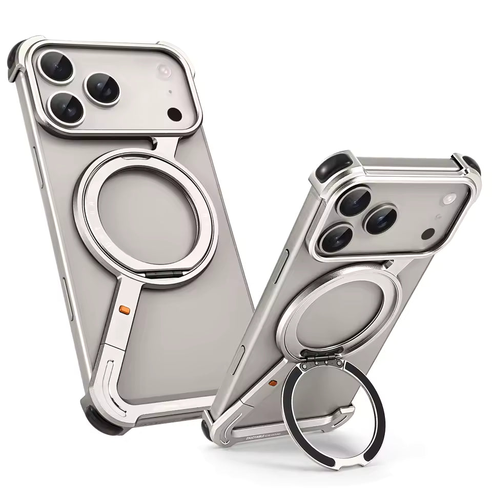 iPhone 17 Pro Z Shape Frameless Metal Bumper Case with 360° Rotatable Stand & Magsafe - Titanium